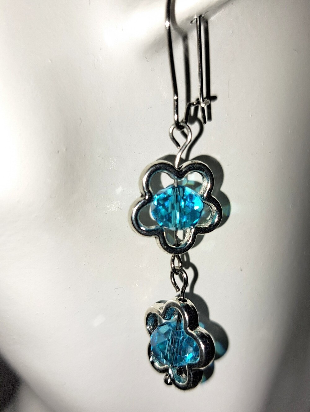 Light Blue Aurora Borealis Crystal Flower Dangle Earrings in Antique Silver